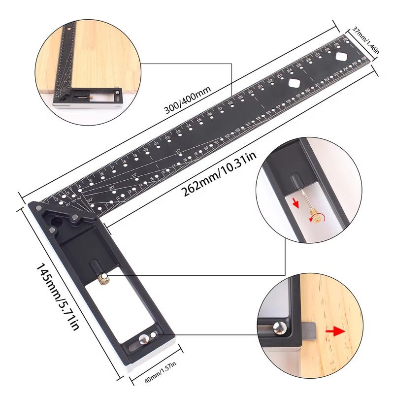 JCFANTS 12 Inch Woodworking Square Ruler, 45_90 Degree Hole Framing