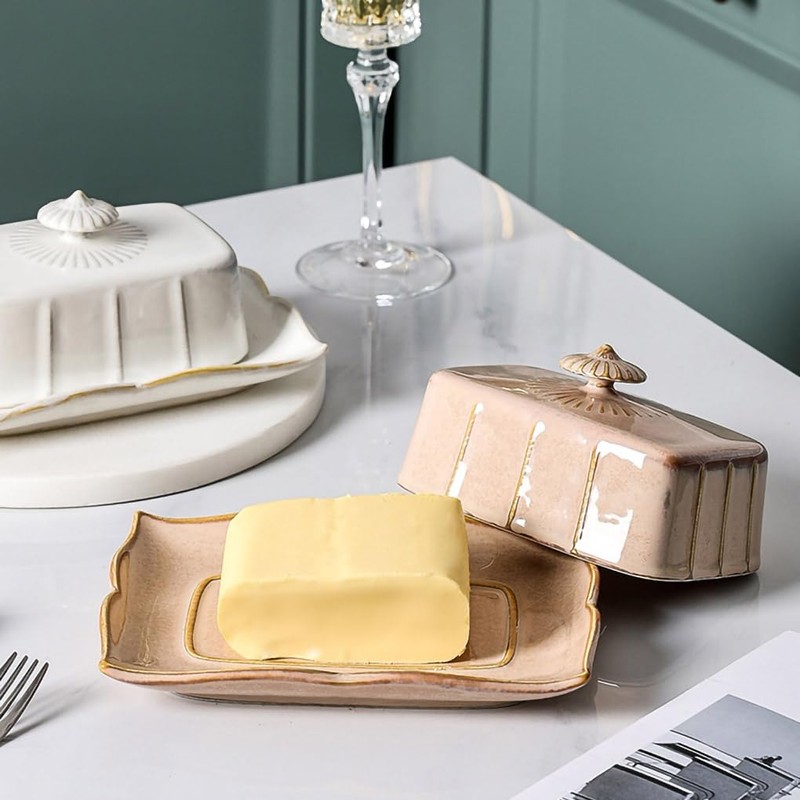 WAIT FLY Vintage Ceramic Butter Dish with Lid for Kitchen