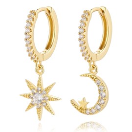 Moon Star Dangle Small Hoop Earrings Sterling Silver Round CZ Drop Dangling Earrings for Women Girls Gifts (gold)