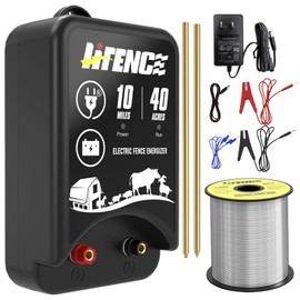 LIFENCE AC/DC 2 in 1 Power Supply, Electric Fence Energizer Kit for 10 Mile Preventing Wild Animal Intrusion, 40 Acre Coverage, 12V Input, 12KV 2 Joule Output, Electric Fence Charger for Livestock