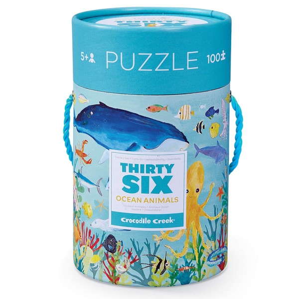 Crocodile Creek Jigsaw Puzzle in Canister, 100 Piece Table or Floor Puzzle Includes Educational Animal Finder Sheet, for Ages 5 Years and Up, Thirty-Six Ocean Animals