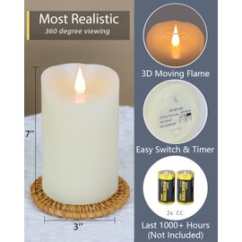 TECHLONG Flameless Candles Flickering 3D Moving Flame, Last 1000+ Hours Battery Operated Candles with Timer, Ivory Real Wax Electric LED Pillar Candles for Home Wedding Decoration | 3" x 7"