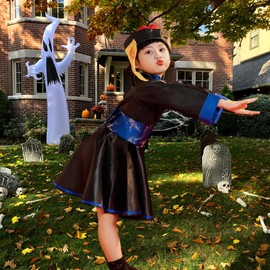 Joyasslly Halloween Kyonsey Girls, Cosplay, Children’s Costume, Dress, China Style, Bill, Ghost, Hat, Fun, Popular, Present for Events with Tattoo Stickers (Blue, 47.2 inches (120 cm)