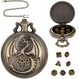 Mini DND Dice Set, Embossed Dragon Case, Dungeons and Dragons Dice, Dragon Pattern Watch, 7-Piece Metal D&D Dice with Dragon Pocket Watch Case, Pocket Watch Dice Case, DND Gifts, Bronze Colour, bronze