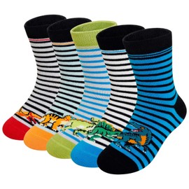 PUTUO Boys' Children's Socks: Boys Cotton Animal Motif Trainer Socks – Colourful Funny Striped Trainer Socks 5 Pairs, Dinosaurs