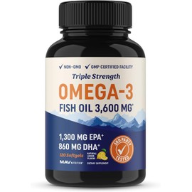 Omega-3 Fish Oil Supplement 3600 mg | EPA & DHA | Best Source of Omega 3 | Ultimate Brain, Heart, and Joint Support for Men & Women | Non GMO Burpless Lemon Softgel Capsules 2000mg Plus (120 Pills)