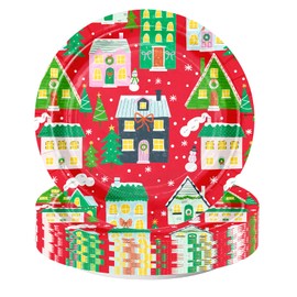 WRAPAHOLIC 25Pcs Christmas Paper Plates - 7 Inch Christmas Village House Disposable Plates Decorative Dessert Plates for Holiday Party Tableware Supplies Table Decor