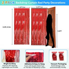 2 Pack Red Streamers Party Backdrop Foil Fringe Curtains Photo Booth Props for Birthday Christmas Wedding Carnival Casino Theme Birthday New Year Holiday Celebration Bachelorette Party Decorations