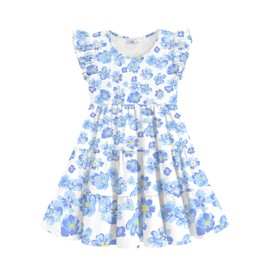 Arshiner Toddler Dress Girls Summer Ruffle Sleeve Tiered Swing Midi Casual Sundress with Pockets Little Kid Floral Blue 6-7 Years