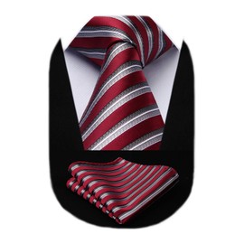 HISDERN Ties for Men Red Stripe Tie and Pocket Square Set Business Crimson Striped Silk Necktie Handkerchief Formal Wedding Neckties Classic 3.4''