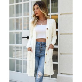 Aottori Women's Long Elegant Cardigan Chunky Knit Long Sleeve Knitted Cardigan Open Front Pullover Knitted with Buttons and Pockets for Autumn Winter, White