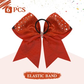 6PCS Full Glitter Rhinestone Cheer Bows Criss Cross Stiff Competition Large Cheerleading Hair Bows Elastic Band for Cheerleaders Girls -Red/White/Black