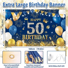 50th Birthday Backdrop Banner Blue Gold Birthday Photo Background, Happy 50th Blue Birthday Sign Poster Birthday Fabric Backdrop 70.8 X 43.3Inch For 50th Birthday Anniversary Wedding Party Decor