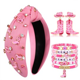 YAHPERN Western Accessories for Women Cowgirl Boot Hat Horse Knotted Headband Heishi Beaded Bracelets Boot Dangle Earrings Western Country Concert Outfits (Pattern B)