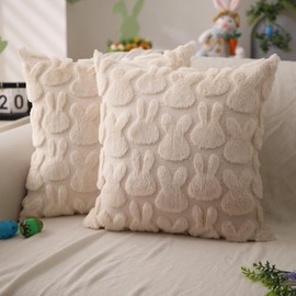 DFXSZ Easter Pillow Covers 16x16 inch Set of 2 Easter Decoration Beige Rabbit Soft Plush Faux Fur Jacquard Throw Pillows for Bedroom Sofa Holiday Festivals Home Decor FHJ-010C16