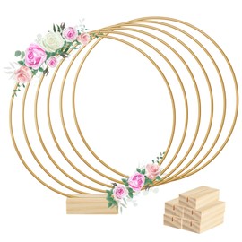BOUBONI 6 Pcs 12 Inch Metal Floral Hoop Centerpiece with 6 Pcs Wooden Stand for Table Metal Wreath Ring Stand for Centerpiece Table Decorations Wedding Decor Wall Hanging Crafts