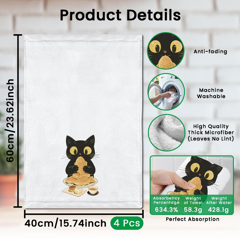 CUTHOLLOW 4Pcs Black Cats Ramen Kitchen Towels Cute Tea Towels