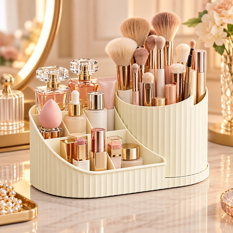 360° Rotating Makeup Organizer for Vanity – Multi-Compartment Cosmetic Storage