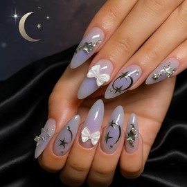 24PCS Y2K Celestial Fantasy Nails, Moonlight Galaxy Almond False Nails with Glitter Purple Ombre Design, Removable Accessory Tools-on Acrylic Full Cover Fake Art Accessories (Purple Galaxy)