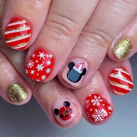 24 Pcs Christmas Press on Nails Short Square - YEFIUO Xmas Winter Red Nail Tips Acrylic Nail Kit Fake Nails Press ons Gold Glitter French Tip Glue on Nails Nail Bear Full Cover False Nails for Women