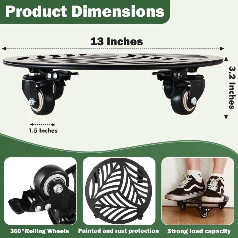 3 Packs Large Metal Plant Caddy with Wheels 13” Heavy-duty