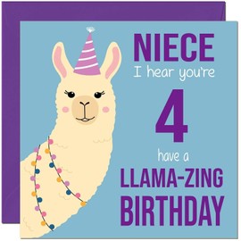 4th Niece Llama Birthday Card - Llamazing - Funny Llama Nieces Birthday Card for 4 Year old Kids four, fourth