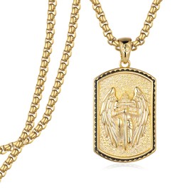 St. Michael Dog Tag Pendant for Men - 925 Sterling Silver Gold Archangel Necklace - Saint Michael Military Jewelry - Catholic Gift for Soldiers First Responders - 22+2" Chain