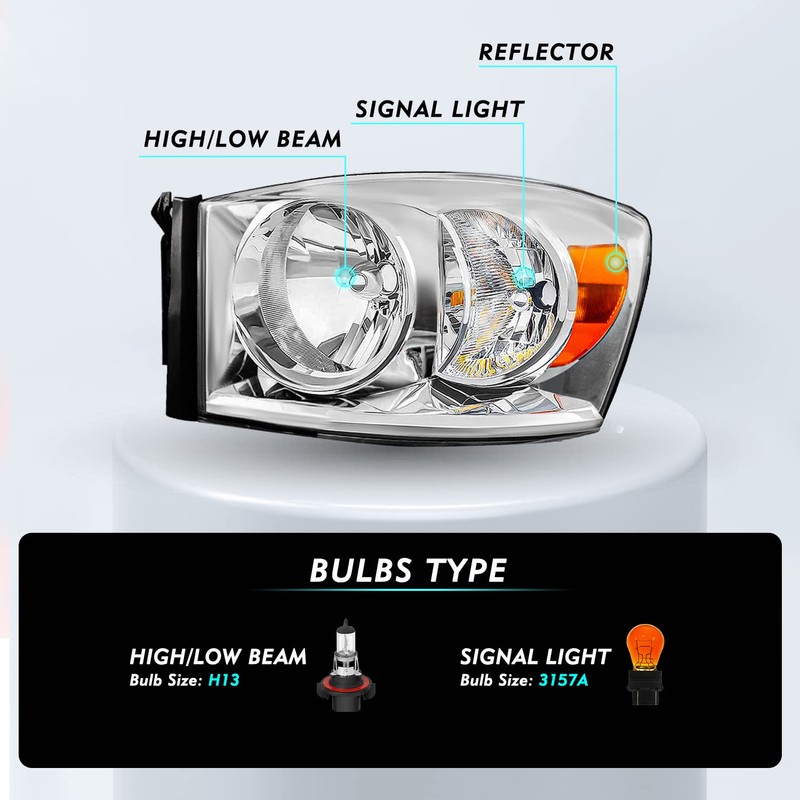 TUSDAR Headlight Assembly Set Fits for 2006-2008 Dodge Ram 1500/2006-2009