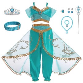 CREDIBLE TT5121 Children's Arabian Princess Dress, Luxurious 10-Piece Set (Tops, Pants, Hair Band, Heart Tiara, Magic Stick, Necklace, Earring, Bracelet, Ring, Original Goods) 43.3 inches (110 cm)