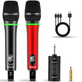 Bietrun Wireless Microphone, 240FT Rechargeable UHF Metal Dual Cordless Handheld Dynamic Mics with Bluetooth for Karaoke Machine, PA System Speaker, Mixer, Party, Church, Wedding(Red)