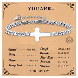 Cross Chain Bracelet For Men, Catholic Faith Religious Crucifix Link Chain Bracelet Easter Christmas Christian Baptism Communion Birthday Gifts To Son Boyfriend Dad For Men (Silver)