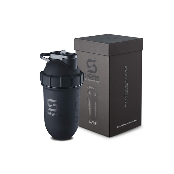 SHAKESPHERE Tumbler STEEL: Protein Shaker Bottle Keeps Hot Drinks HOT & Cold Drinks COLD, 24 oz. No Blending Ball or Whisk Needed, Easy Clean Up Great for Shakes, Smoothies (Matte-Black)