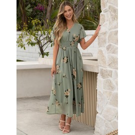 ANRABESS Womens Summer Floral Maxi Dress Casual V Neck Short Sleeve Chiffon Boho Flowy Beach 2025 Wedding Guest Long Dresses Floral Green Large
