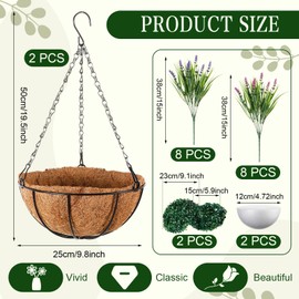 Hotop 2 Pack Outdoor Artificial Lavender Hanging Plants with Basket 16 Bundles UV Resistant Lavender in Coconut Liner Pot Spring Flowers Decor for Porch Patio Home Garden Decor(Light Purple,Purple)