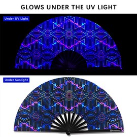 Raveahem Large Folding Fan, 13 Inch Clack Rave Fan Hand Held Fan for Women Men with Premium Satin Fabric, Thick Bamboo Frame for EDM, Music Festival, Party, Dance, Decoration, Gift (Purple Laser)