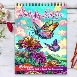 Netecom The Butterfly Garden Coloring Book Spiral Bound for Adults, Premium Cover, 30 Enchanting Butterflies Coloring Pages of Serene Garden Scenes for Stress Relief and Relaxation