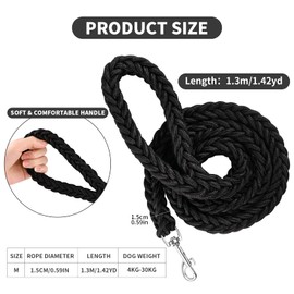 Dog Leash for Dogs, Long Leash Strong Dog Training Lead Nylon Eight Strand Braided Lead Heavy Duty Dog Leash Rotating Safety Buckle Rope Leash for Small Medium Large Dogs 1.3m (Black)