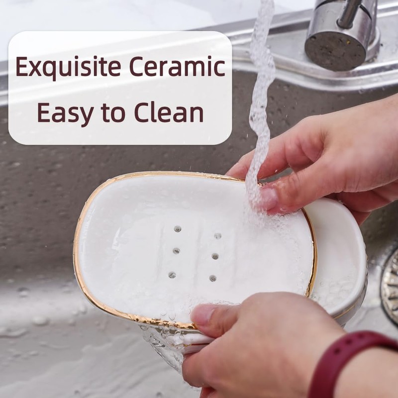 Self Draining Soap Dish, Double-Layer Bar Soap Tray, White Ceramic