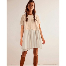 Womens Cute Pleated Dress Patchwork Casual Short Sleeve Tops Loose Oversized Summer Mini Dress Apricot