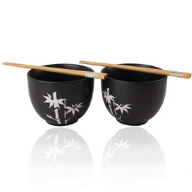 ラーメンボウル [Set of 2] Porcelain Noodle Soup Bowl with 2 Pairs Bamboo Chopsticks - Perfect Bowls for Ramen Noodle Udon Noodle Rice Vietnamese Soup Cereal Pho Popcorn Oatmeal (F15686) We Pay Your Sales Tax