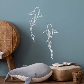Metal Fish Wall Decor - Nautical Shark Room Art, Abstract Line Shark Design for Coastal-Themed Interiors(set of 2,White)