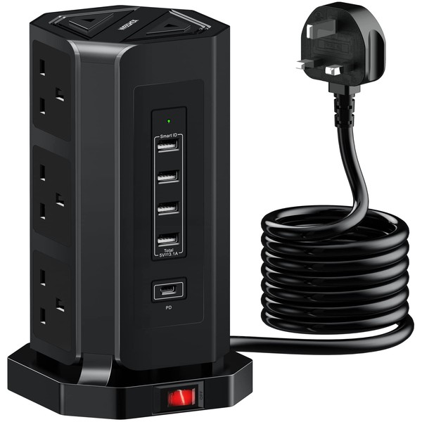 Extension Lead Tower with USB Slots, NVEESHOX 9 Way Plug