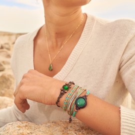 Custom Sized Surfer String Bracelet with Hematite Stones in Tan, Metallic Gold, Aqua, White, and Rust Waxed Cord Handmade by Rumi Sumaq