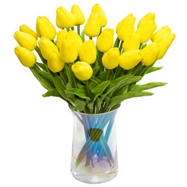 JOEJISN 30pcs Artificial Tulips Flowers Real Touch Yellow Tulips Fake Holland PU Tulip Bouquet Latex Flowers for Wedding Party Office Home Kitchen Decoration (Yellow)