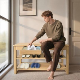 YuUniqex Wood Shoe Bench Entryway with Drawer: 2-Tiers Wooden Storage Shoe Rack with Bench Seat, Compact Mid-Century Modern Design for Entryway, Hallway,Closet,Front Door Entrance,Foyer Natural 39.3"