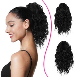 Mtmei hair Short Deep Wave 10 Inch Drawstring Ponytail for Women Curly Ponytail Hair Extension Curly Deep Wave Hair Ponytail for Daily Use(Nature Black)