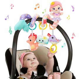 Funsland Pram Toy Spiral, Baby Activity Spiral Toy with Music, Hanging Plush Toy for Cot / Car Seat/Baby Seat, Newborn Gift for Baby 0 3 6 12 Months, Pink
