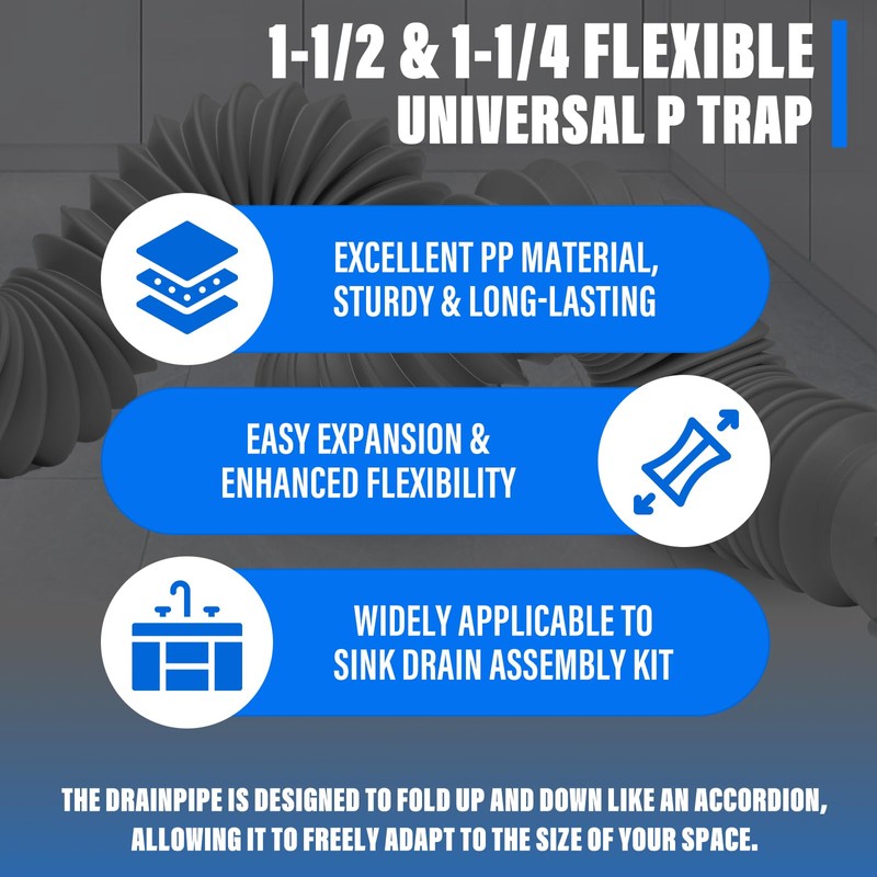 Cinsda 1-1/2" & 1-1/4" P-trap with Adapter, Flexible Sink Drain