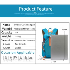 POWER KING Hiking Backpack 20L Foldable Travel Rucksack for Women Men Small Lightweight Packable Outdoor Daypack for Student, Fit for 14 inch Laptop (lake blue)