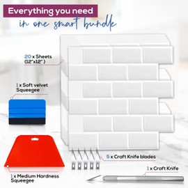 Peel and Stick Backsplash Bundle Set 20-Sheet with 8-pcs Peel and Stick Wallpaper Smoothing Tool Kit for Stick On Tiles, Bathroom Adhesive Tiles, Kitchen Backsplash Tile, Subway Tiles (White)